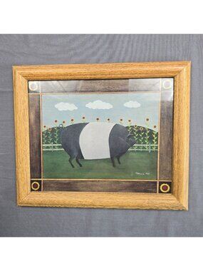 Patricia Hall Country Folk Art Farm Pig Print Framed Sunflower Cottage Core Wood